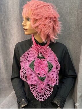 Vintage crochet Lace Jabot necklace pink